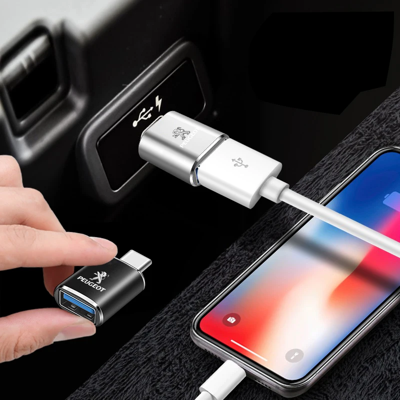 Fashion Car Type-C To USB Interface Mini Converter Charging Adapter logo For Peugeot 206 207 307 3008 308 407 408 508 301 208