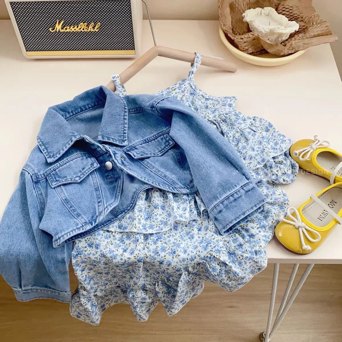 Baby Girls\' Clothes Suit Children 2023 Spring Summer New Kids Denim Jacket Coat + Suspender Floral Dress 2PCS Clothing Set