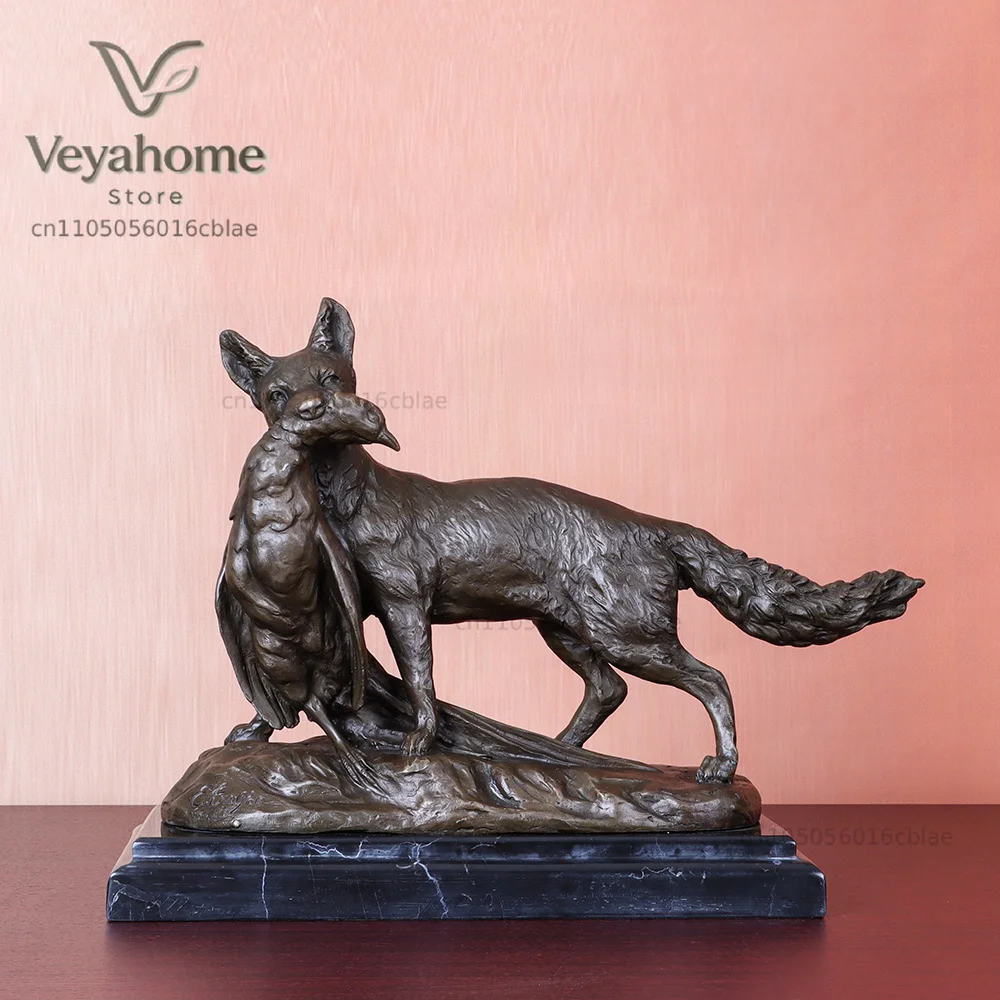 Bronze Fox Chicken Statue Sculpture Wildlife Animal Art Marble Base for Home Living Room Decor