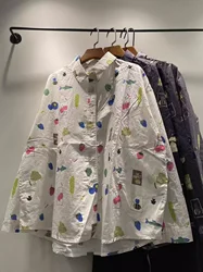Bust 124cm cartoon strawberry print shirts and blouses for women spring Japan fashion white navy blue oversized shirts