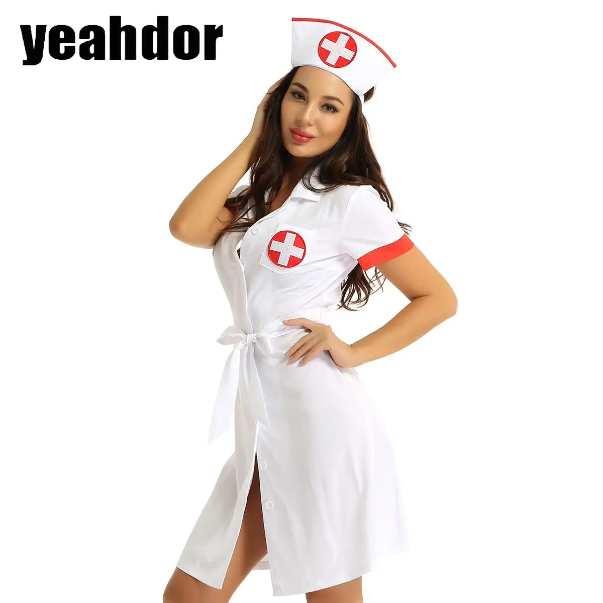 

Women Nurse Dress Cosplay Uniform with Belt Hat Halloween Doctor Maid Cosplay Outfit Nurse Costume Night Clubwear Carnival Dress