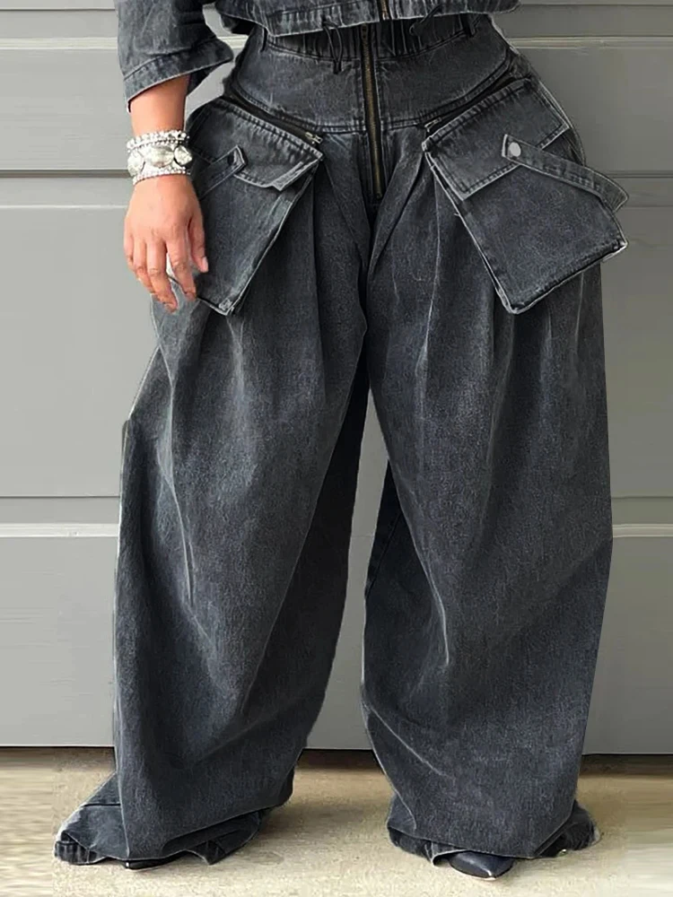 CHICEVER Casual Loose Spliced Pockets Denim Cargo Pants For Women High Waist Patchwork Zipper Streetwear Chic Trousers Female