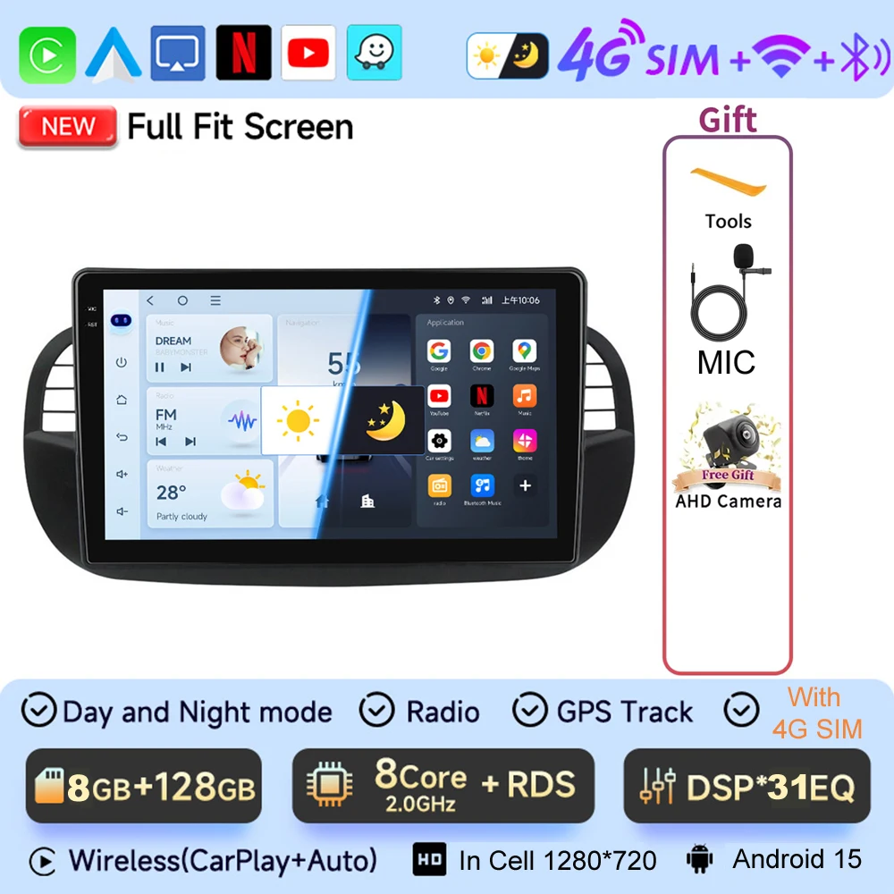 JIUYIN 9 "Android 15 Autoradio Voor FIAT 500 2007-2015 Multimedia Draadloze CarPlay Android Auto GPS Navigatie 4G Stereo Scherm
