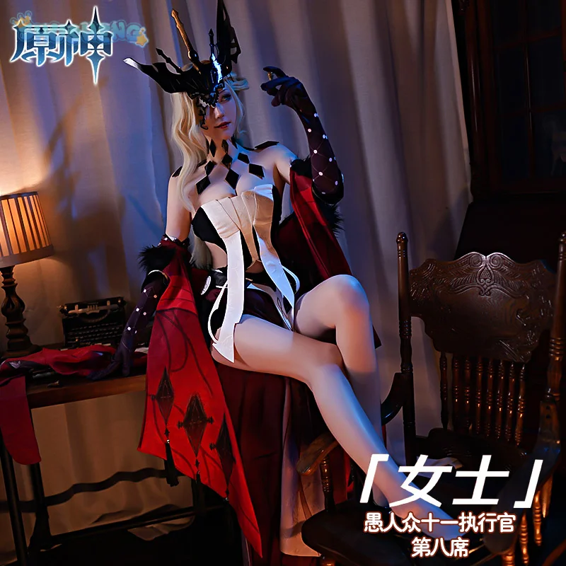 

Genshin Impact La Signora The Fair Lady Fatui Cosplay Harlequin Costume Women Dress Accessories prop Party Halloween Uniform