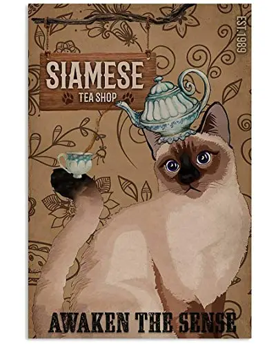 Siamese Cat and Tea Awaken The Sense Art Print Poster Indoor Home Decor Gift Vintage Style Metal Tin Sign 8x12 inch