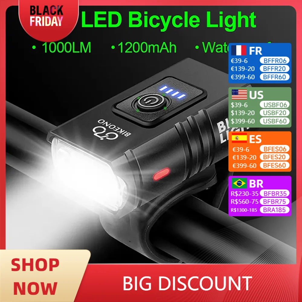 1000LM Bike Light  Headlight T6 Bicycle Flashlight LED USB Rechargeable Torch Aluminum Alloy Cycling High Beam Low Accessories