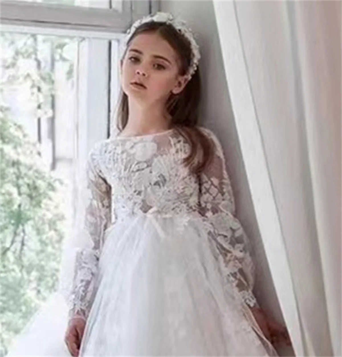 Vestido de flores para niña, cola de tul esponjosa blanca, manga larga, Apliques de encaje, boda, flor de lujo, vestido de fiesta de comunión para niño, regalo para niña