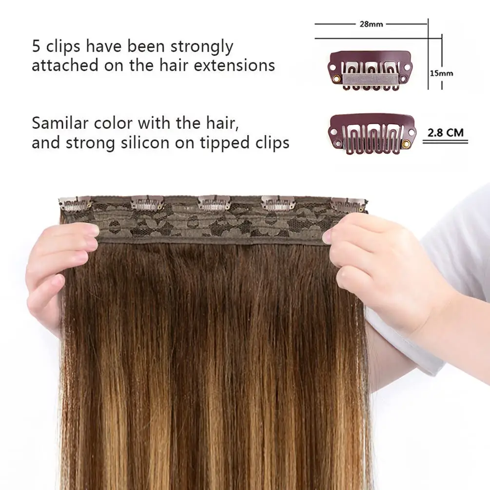 #4P27 Medium Brown mixed Dark Blonde Clip In Hair Extensions One Piece 5 Clips Real Human Remy Hair Extension Long Straight Hair