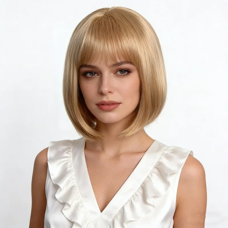 European and American women's short straight hair wigs gold fashionable European and American African synthetic fiber wigs