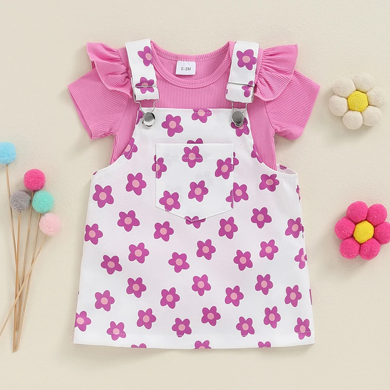 

2024-05-06 Lioraitiin Baby Girls 2Pcs Summer Outfits Short Sleeve Ruffle Romper + Floral Suspender Skirt Set Newborn Clothes