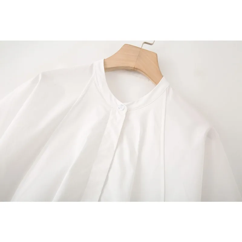 قميص نسائي مناسب مريح 2025 لربيع وصيف بلون سادة 100% قطن بياقة واقفة وأكمام قصيرة ملابس عمال عصرية أساسية