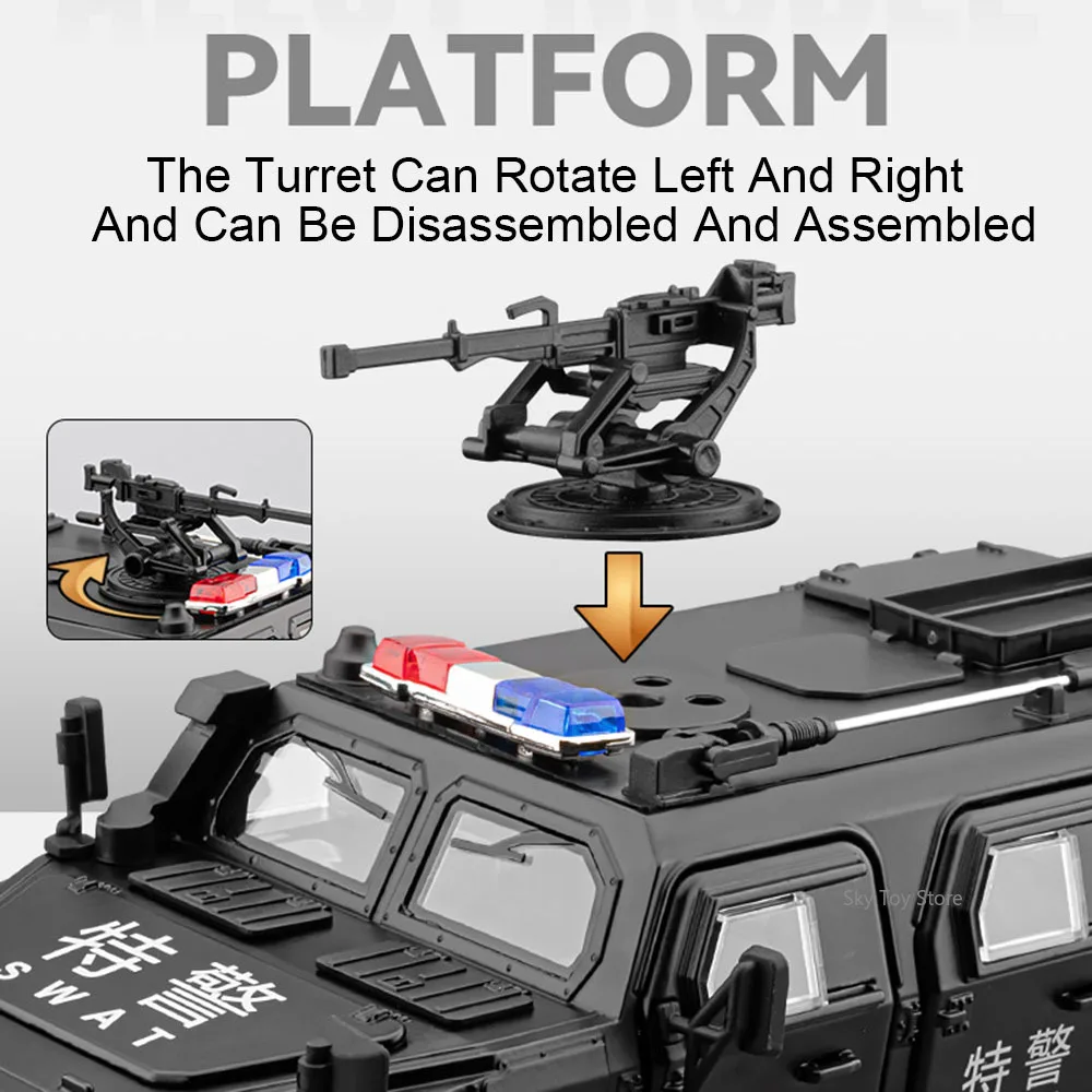 1:20 Alloy Dongfeng Mengshi Armored Vehicle Diecast Car Toys Models Doors Opened Sound Light Pull Back Police Cars Friend's Gift