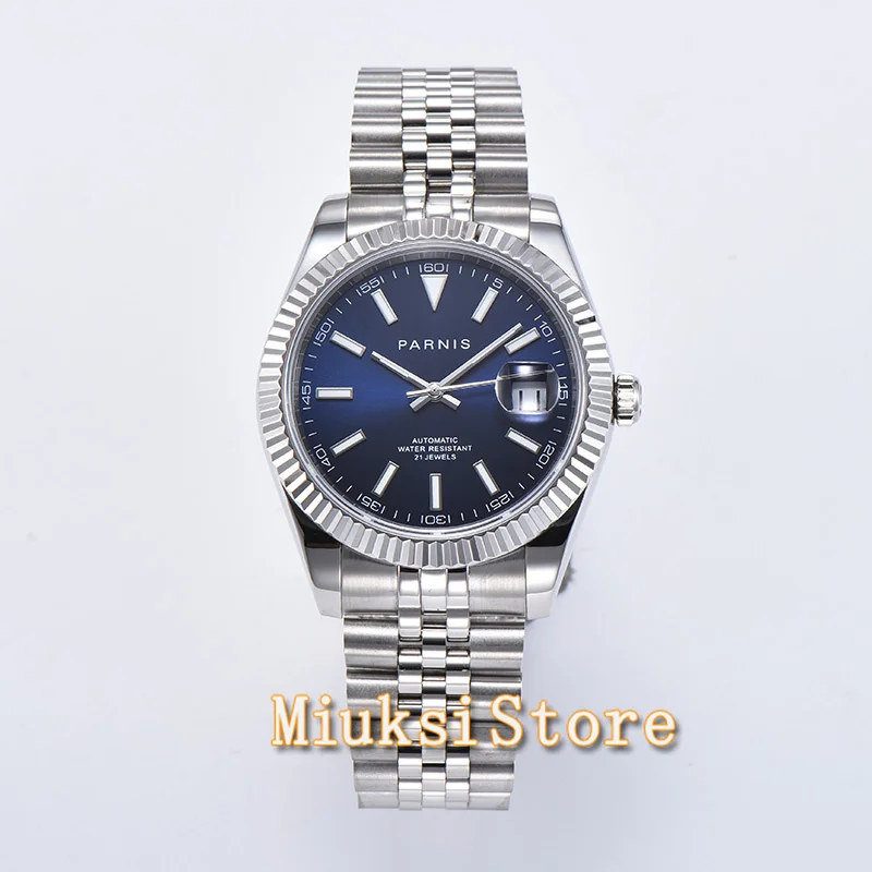 Parnis 39.5mm black silver Blue Dial Automatic Mens Watch Miyota 8215 Movement wristwatch date window