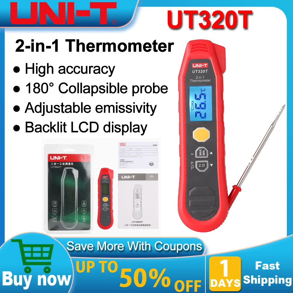 UNI-T เครื่องวัดอุณหภูมิดิจิตอล UT320T 2-in-1 ความแม่นยําสูงเครื่องวัดอุณหภูมิอินฟราเรดและ Probe การวัด IP54