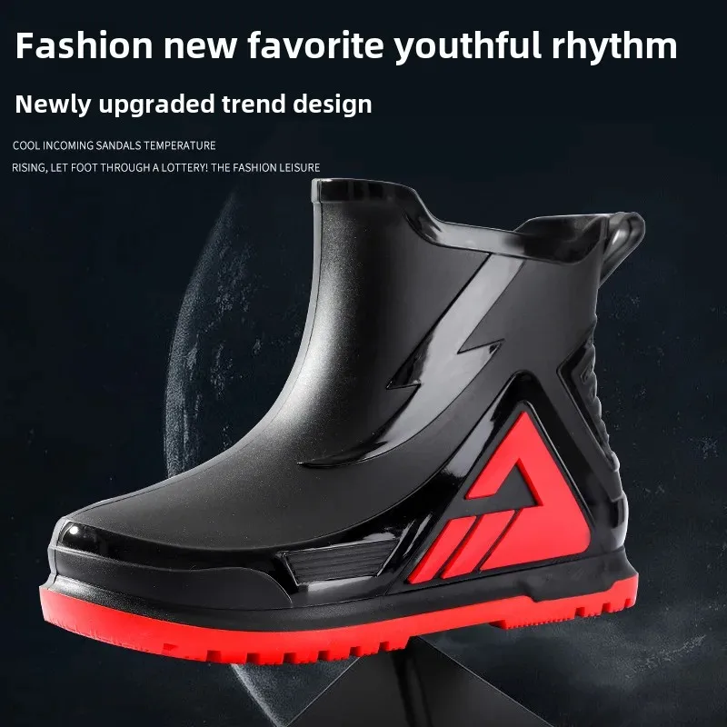 Men's Waterproof Short Boot Rain Shoes New Fashionable Outer Wear Fleece-Lined Plastic Rain Shoes For Fishing EVA Sole Material