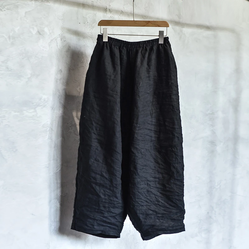 100% الكتان المرأة عادية سراويلي حريمي جديد وصول 2025 الربيع خمر نمط عادي اللون فضفاض مريح الإناث السراويل T455