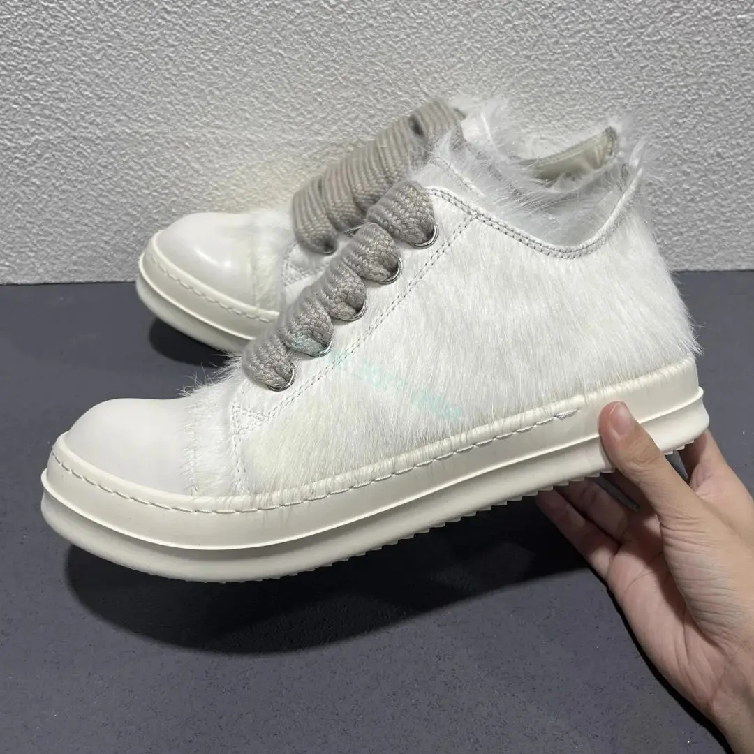 

Brand Men Shoes Genuine Leather Horsehair Basic Casual Jumbo Shoelace Low Slip On Women Sneakers Vintage Luxury Designers Boots