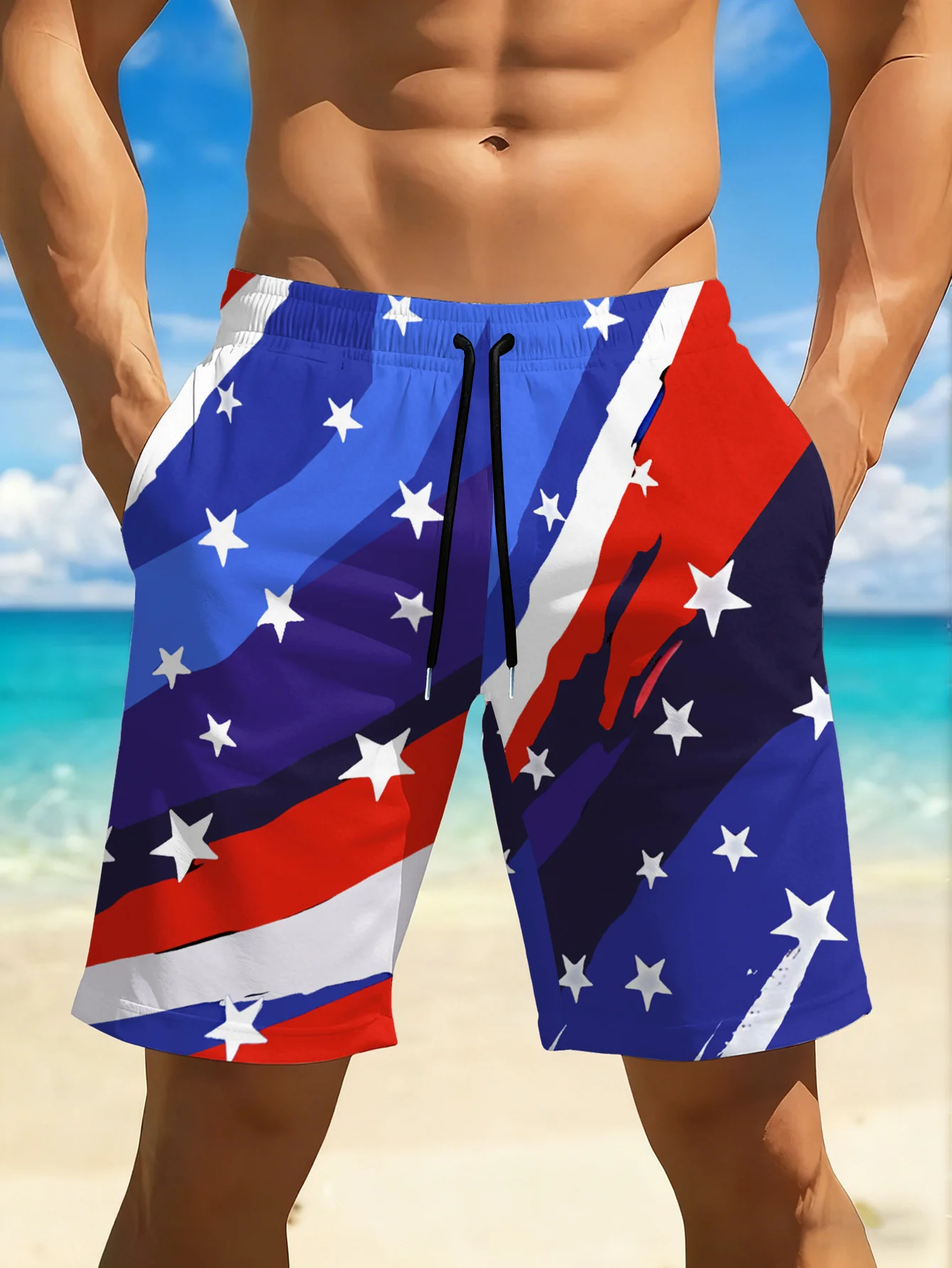 Men's Quick-dry Swim Trunks with USA Flag Red and Black Geometric Print Casual Ideal for The Beach, Pool, Gym, and Outdoor