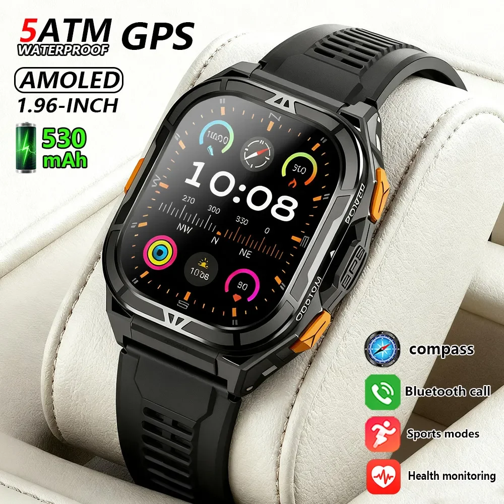 

Новые двухдиапазонные спортивные смарт-часы с GPS для мужчин, 1,96-дюймовый AMOLED-экран, компас, водонепроницаемость 5ATM, мониторинг здоровья, для активного отдыха, военные смарт-часы