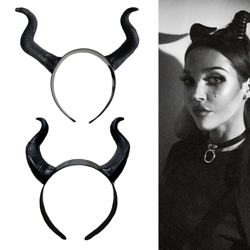 แม่มดฮาโลวีนสีดำยาว Ox Horn Headband ภาพยนตร์ปีศาจ Evil Queen Glitter ผม Hoop Gothic Cosplay เครื่องแต่งกาย Props Drop Shipping