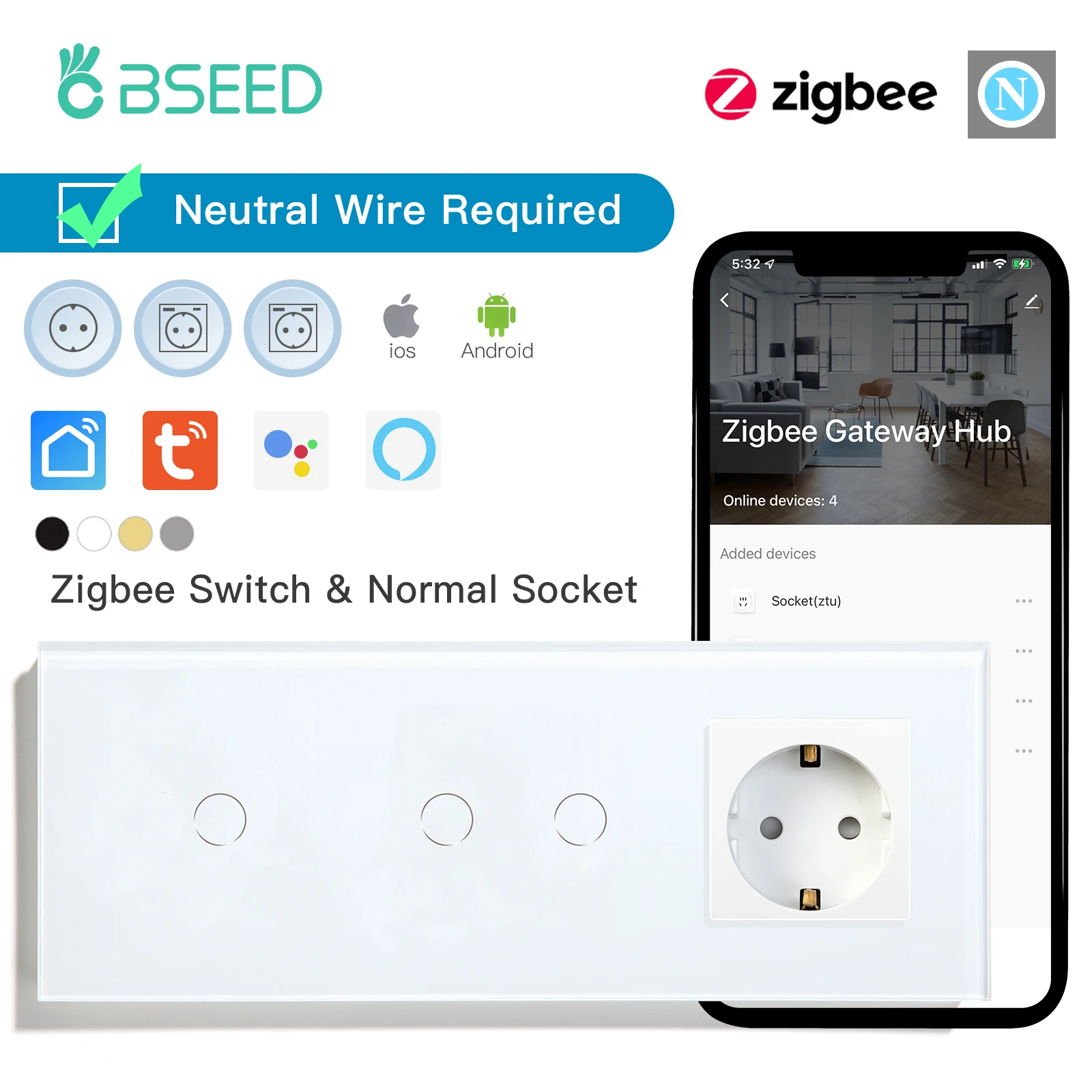 BSEED Zigbee 1+2Gang Smart Touch Switches 1/2/3Way With EU Socket Type-c Double USB Charging Ports Tuya Smar Life Control