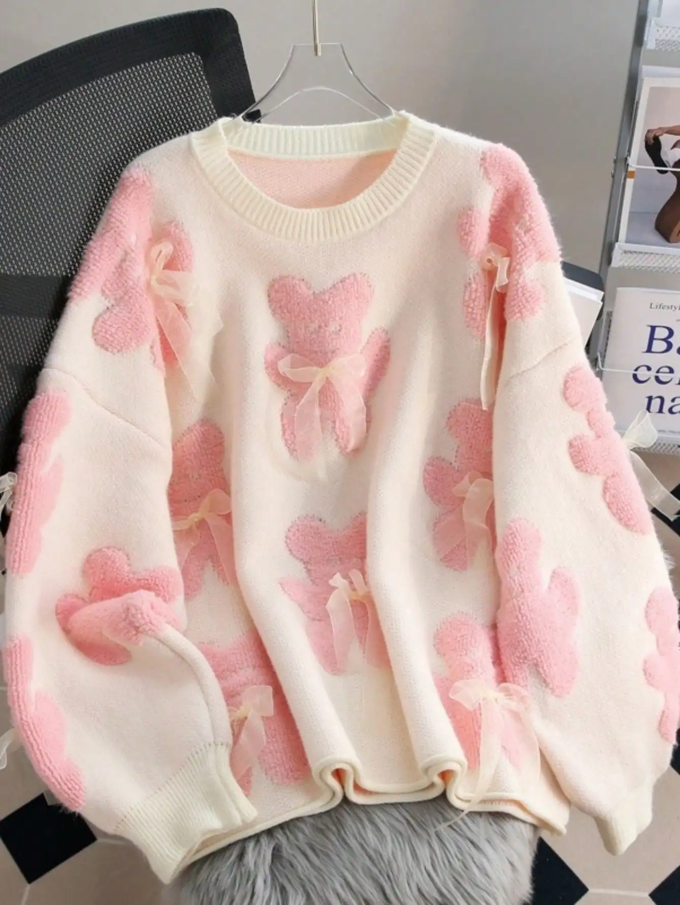 

Cute Pink Bear Pattern Bow Knit Pullover Sweater for Women, Fall Winter Long Sleeve Crew Neck Loose Fit
