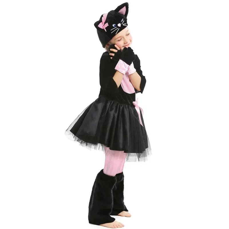 Fofa Miss Kitty Cosplay para meninas, vestido de gato rosa e preto, festa de carnaval de Halloween, carnaval para crianças, criança