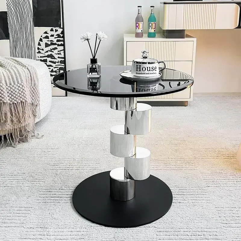Nordic Style Round Coffee Table, 12mm Tempered Glass/Marble Top, Stainless Steel Cylinders, High - Load