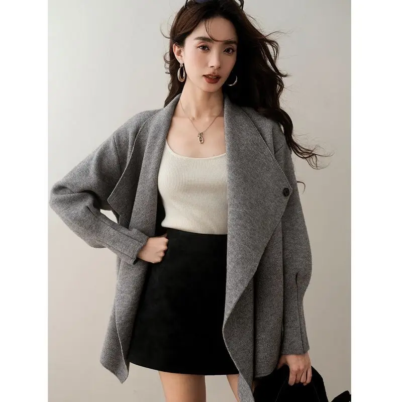 Gagarich Fashion Woman Korean Style Ouni Big Collar Tie Knit Autumn Winter New Design Loose Slimming Sweater Jacket