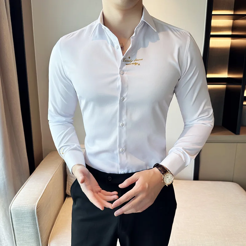 Men Embroidery Shirts Luxury Brand High Quality Business Slim Long Sleeve Mens Dress Shirt Party Street Wear Korean Blouse Man