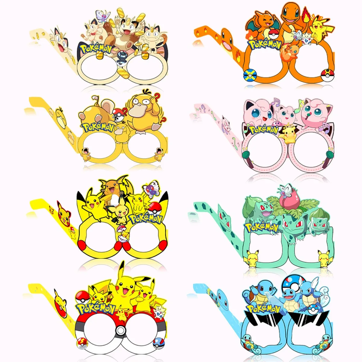 8Pcs Pokemon Pikachu Cartoon Paper Glasses Photo Props Decor Action Figure Toys Games Themed Glass Birthday Party Kids Gifts