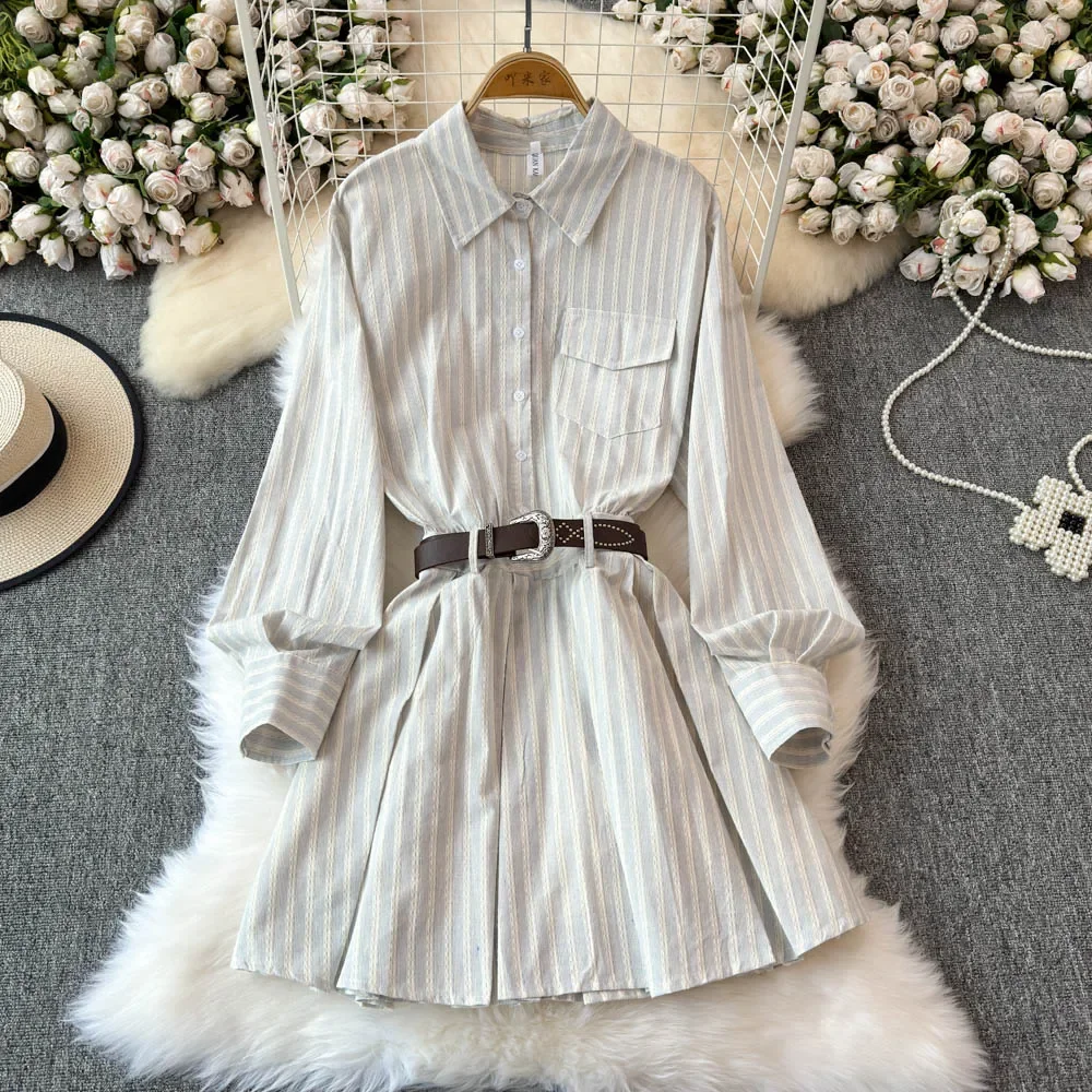 

SuperAen 2024 Autumn New Korean Style Fashion Striped Long-sleeved Lapel Collar Dress Woman Elegant A-line Dresses