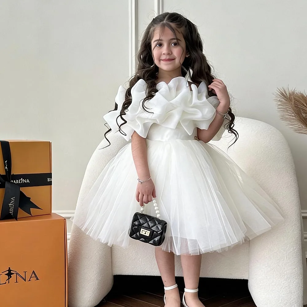 Puffy Birthday Dress Ivory Flower Girl Dresses Short Dress For Girls Organza Girl Princess Dress Tulle Puffy Kids' Dresses