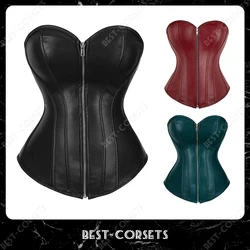 Corsé de cuero para mujer, Top marrón Steampunk, corsé de Overbust con cremallera, Corselet de talla grande, negro y rojo