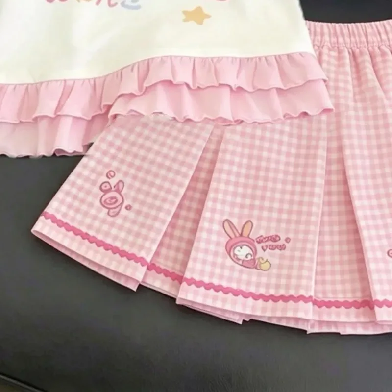 Japanese Pink and White Cute Skirt Set Women with Bow Pom-Pom Detail and Animal Print Sweet Spring Set for Casual Wear 2025 image 5