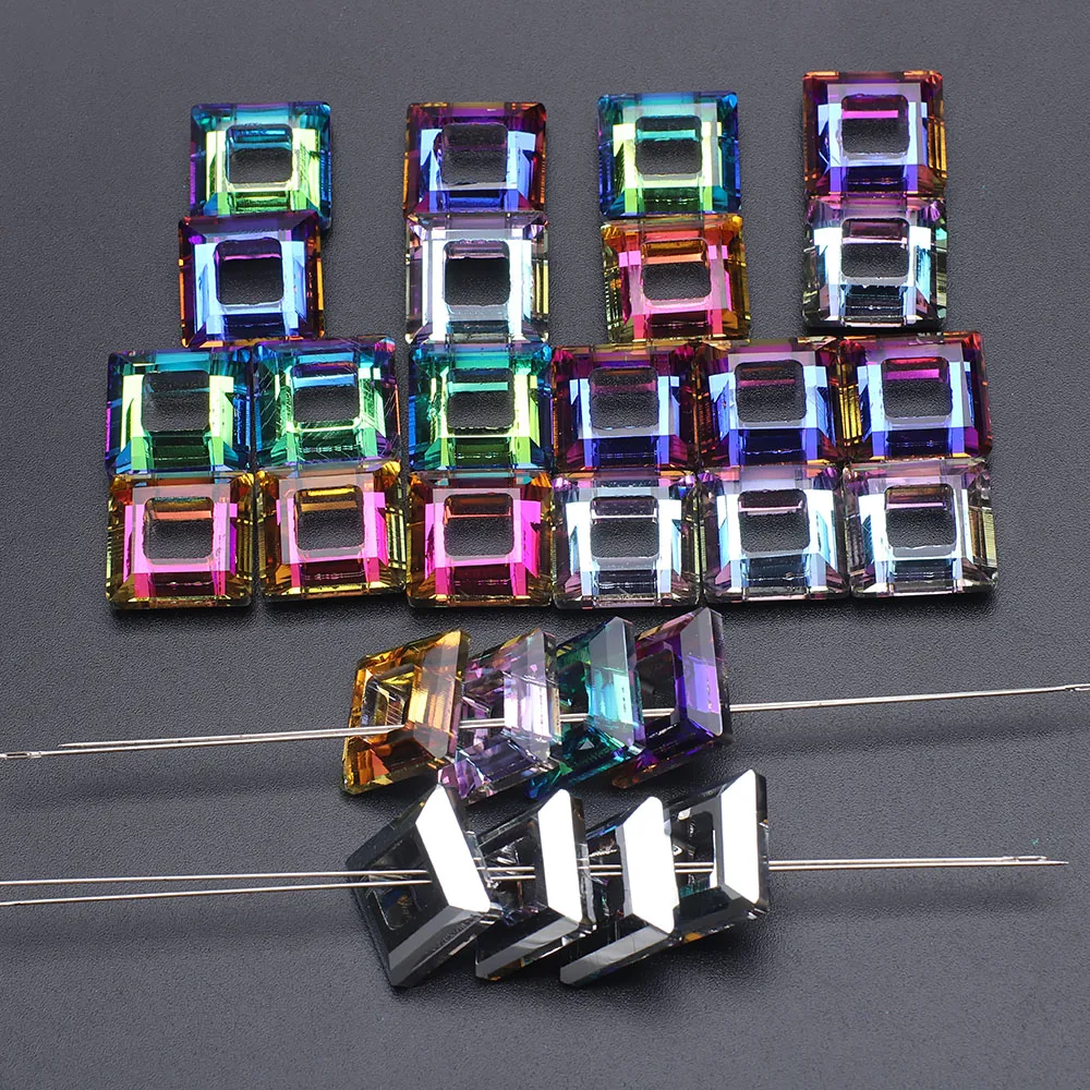 10 Pcs 14mm Angle Ring Hollow Big Hole Crystal Glass Square Spacer Beads For DIY Making Jewelry Earings Necklace Nail Decoration