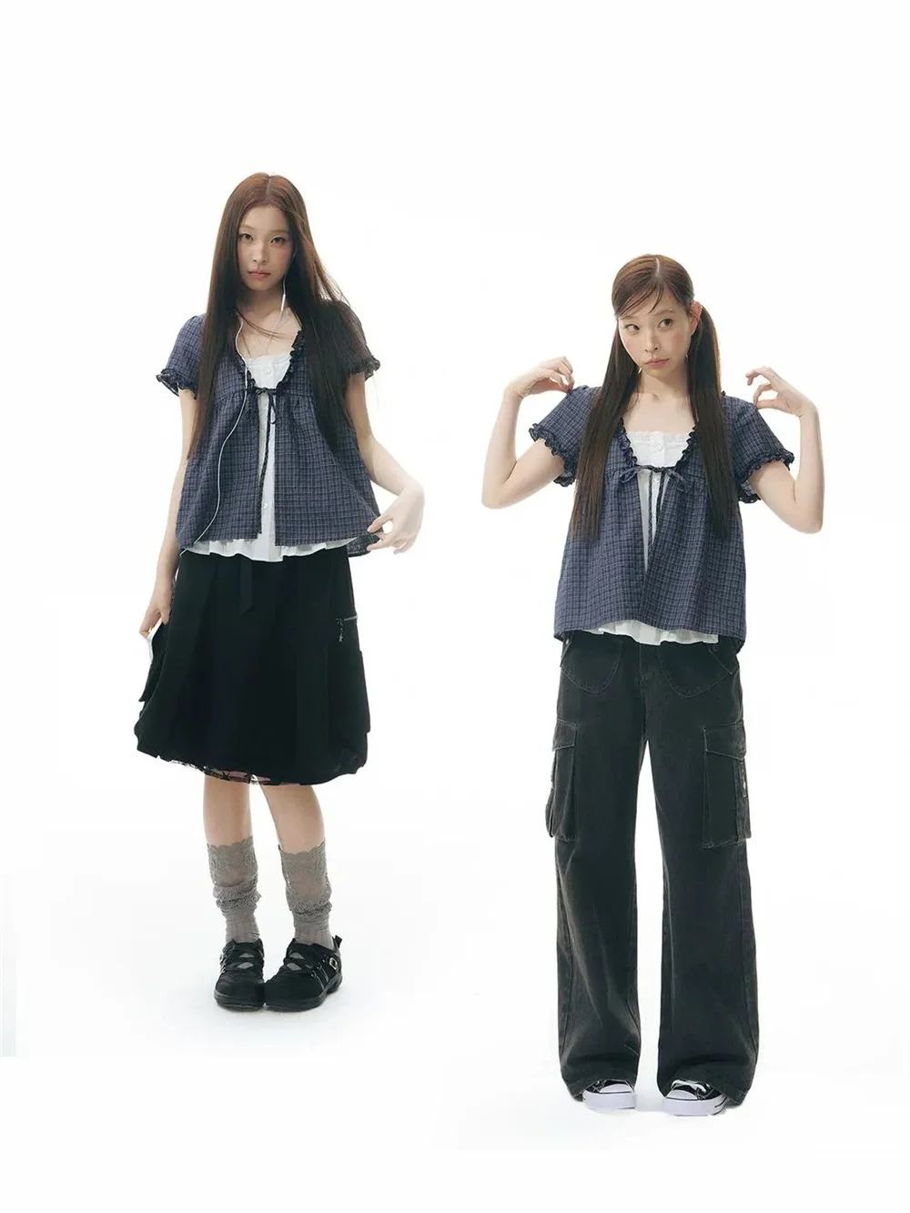 Y2K Karierte Bluse für Damen mit Rüschenbesatz und Spitzenverzierung, Kurzarm, Vordere Bindung, Sommerliche Lässige Süße Kawaii Tops, Modische Ästhetische Bluse – Detail 4
