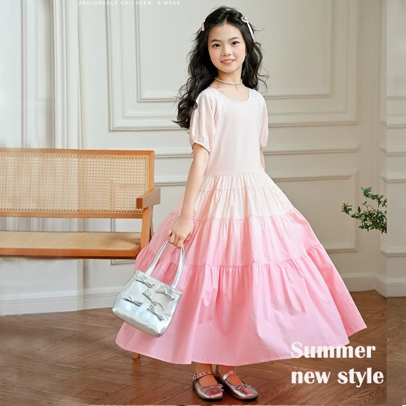 

2025 New Girls Summer Dress Pink Gradient Large Hemline Princess Dress for Teen Kids Fashion Holiday Beach Outfit 12 14 15 Years