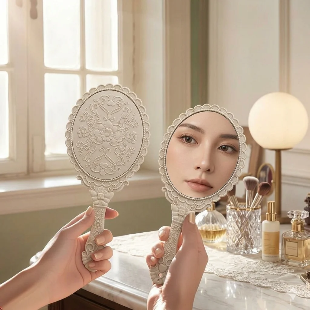 Vintage Handheld Makeup Mirror European Style Cosmetic Mirror Portable High-definition Beauty Mirror Retro Vanity Mirror