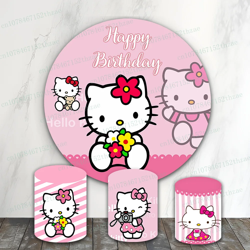 Hello Kitty Birthday Party Photo Backdrop Baby Shower Photo Background Round&Cylinders Plinth Covers Decoration