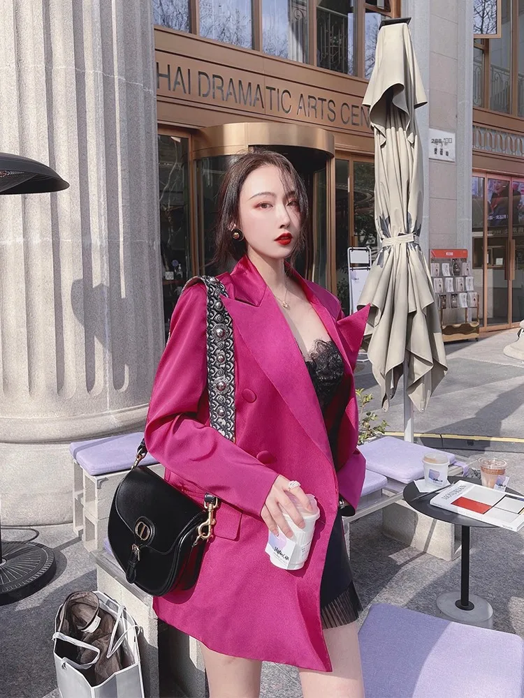 

ReVe High-End Red Wine Stain Plumage Retro Texture Peaco Silk Suit Jaet Belted Street Sle Long Sve Midi Straight Cut