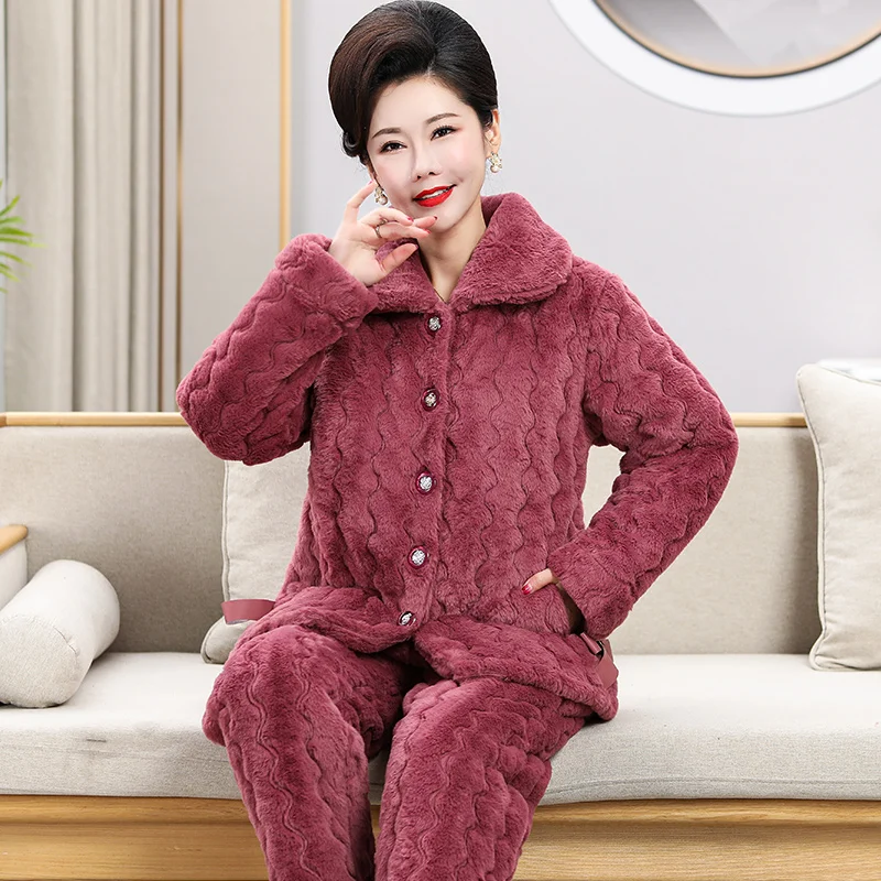 Solid pyjamas women three-layer thick warm winter quilted jacket womens coral velvet padded pajamas pijama mujer invierno