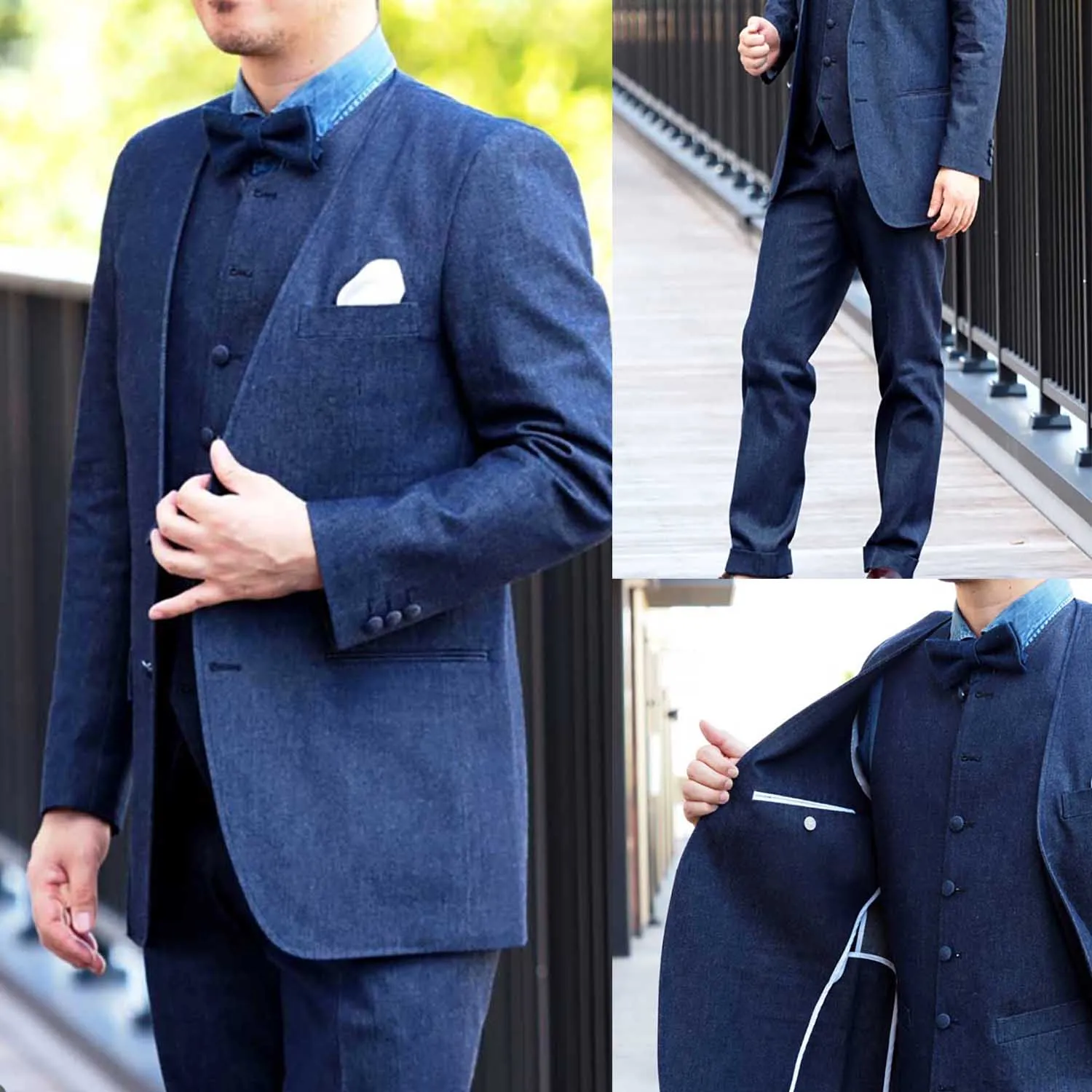 High End 3 Pieces Men Suits Tuxedo Denim Shawl Lapel Custom Size Formal Suit Single Breasted 2 Pockets Coat+Vest+Pant