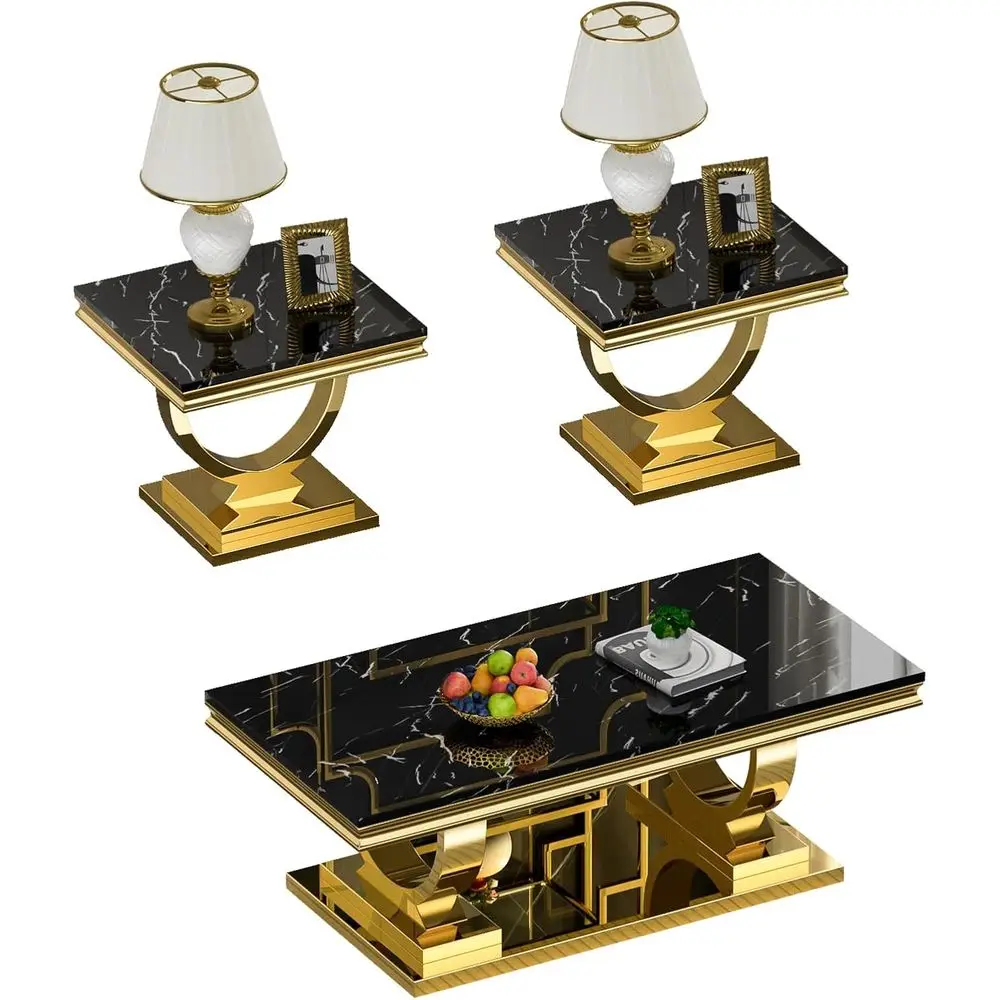 

Modern 3-Piece Living Room Table Set: 1 Marble Coffee Table and 2 End Tables with Elegant Black Gold Finish and Stainless Steel