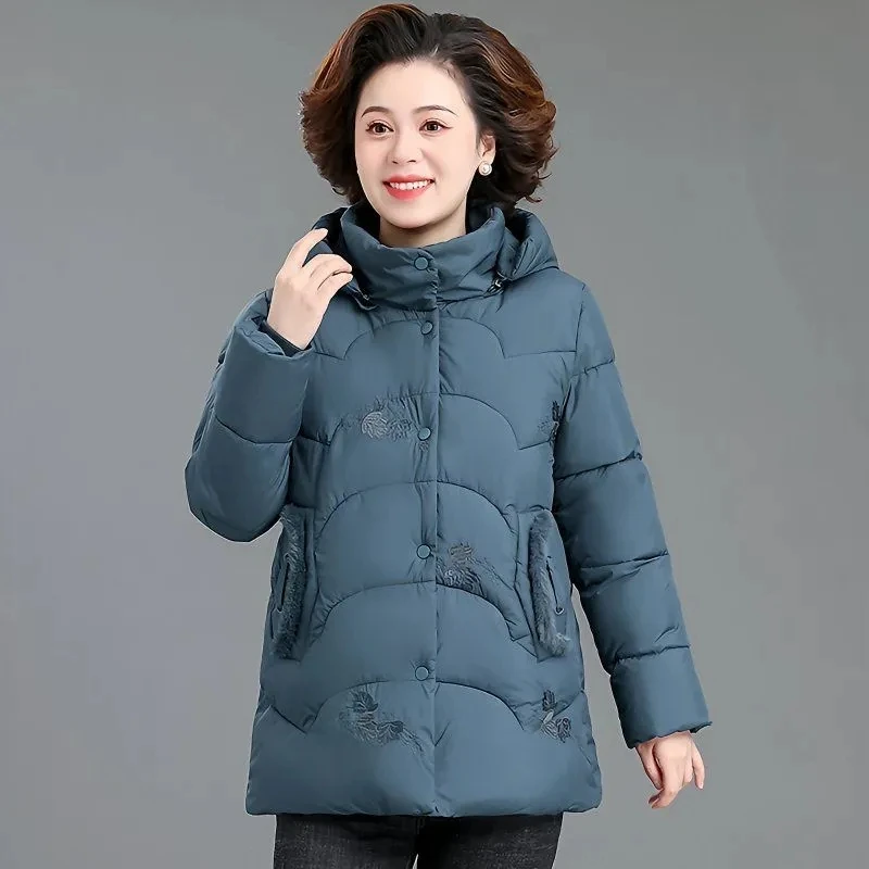 Women's Winter Puffer Cotton Padded Jacket Grandma Hooded Fleece Thick Parkas Warm Loose Retro Embroidery Snow Coat Loose Female