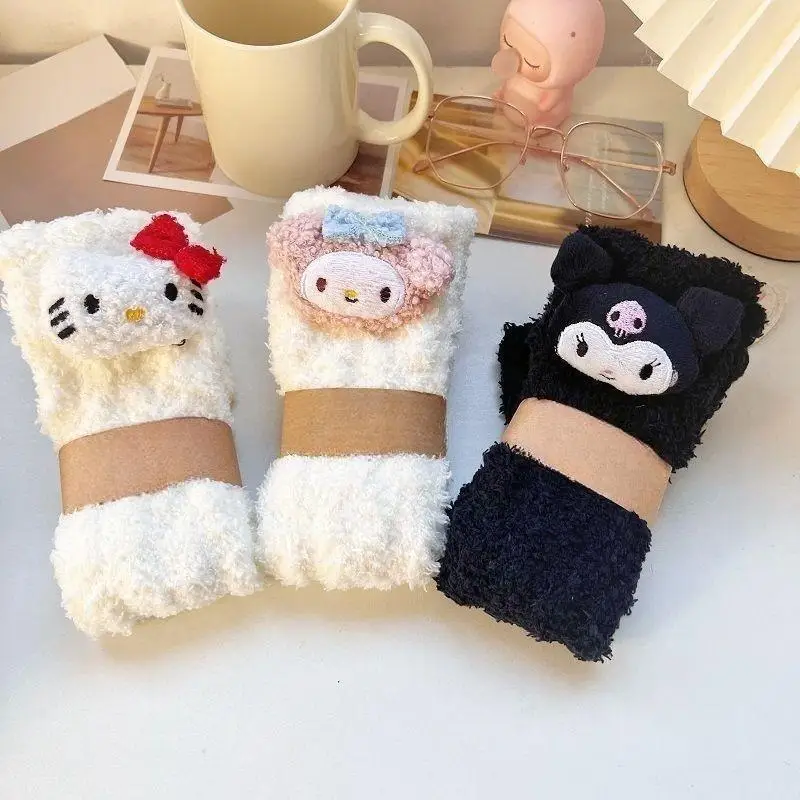 New Sanrio Hellokitty Kawaii Kuromi Mymelody Cinnamoroll Socks Cartoon Warm Plush Stockings Girl Birthday Gift For Girlfriend