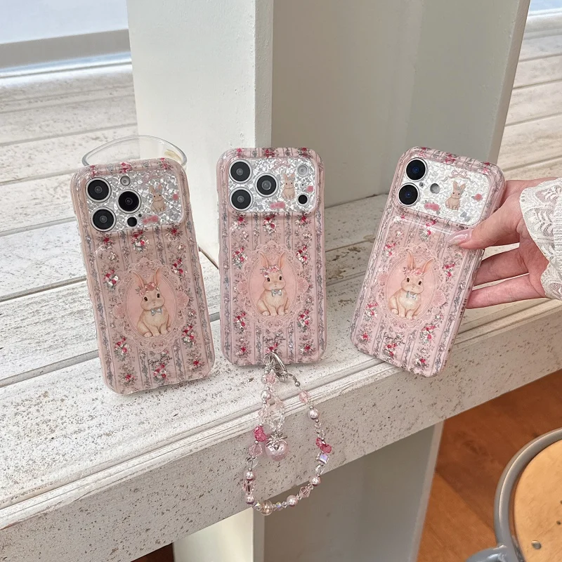 Ins Vintage Pink Rabbit Rose Vertical Stripe Strawberry Pendant Phone Case for iPhone 18 17 16 15 Pro Max Shockproof Back Cover