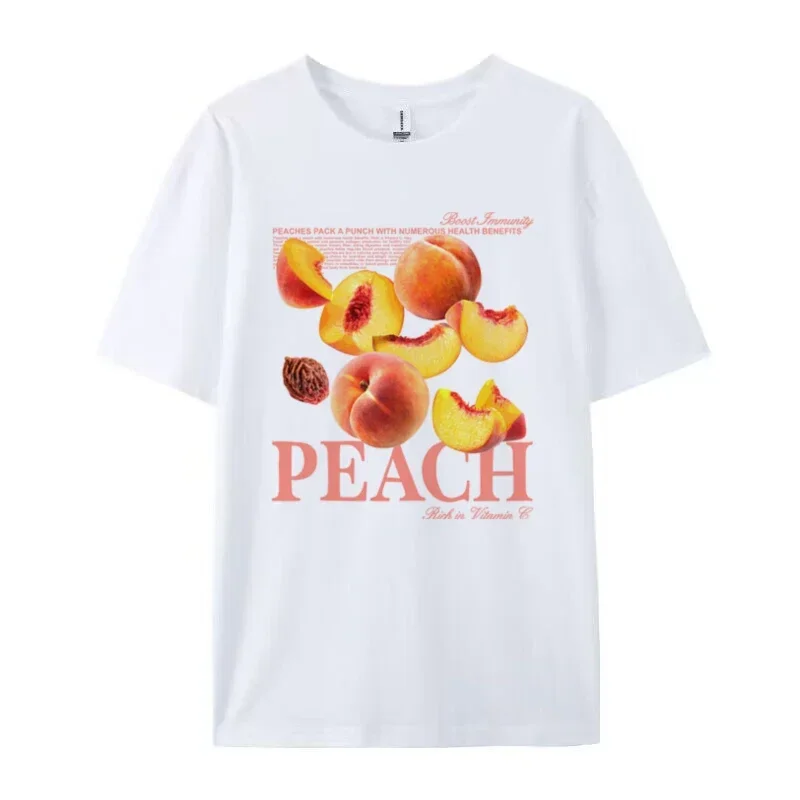 100% Cotton T Shirt Cute Fruit Peach Graphic Tees Vintage Printed T-Shirts For Women Loose Short Sleeve Retro Hippie Top Blouse