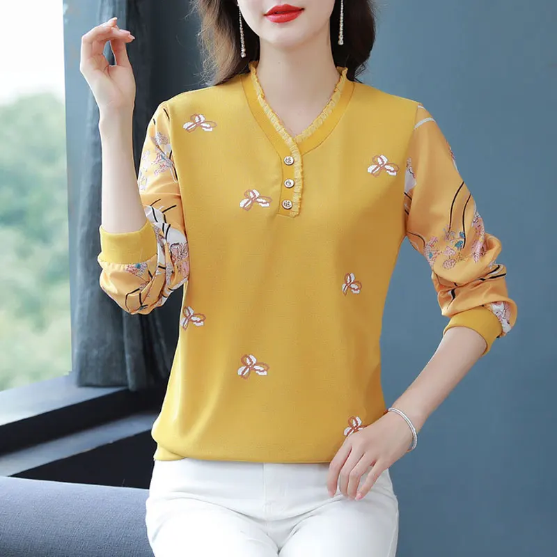 Casual Floral Printed Shirt Elegant V-Neck Button Spring Autumn Long Sleeve Female Clothing Commute Folds Spliced Loose Blouse