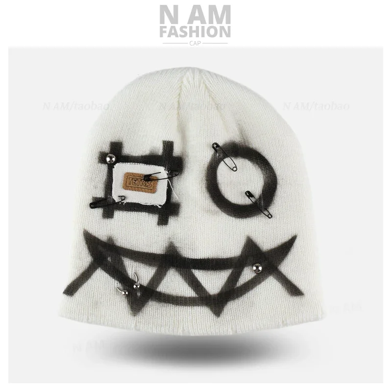 American Punk Style Personalized Graffiti Design Beanies Cap Y2K Winter Warm Versatile Hip Hop Pullover Hat for Men and Women image 4